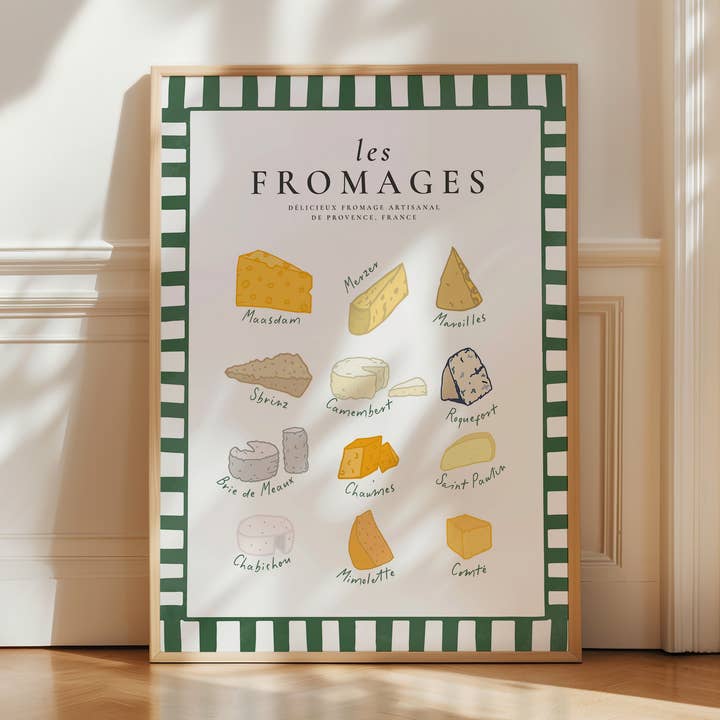 Les Fromages Poster (Types of Cheeses), Art Print for wholesale by Seven Icons Store
