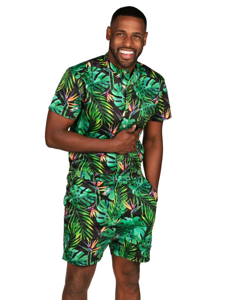 Tipsy Elves - Wholesale Onesie - Men's - Jungle Romphim - Men's One Piece Tropical Button Down Romper