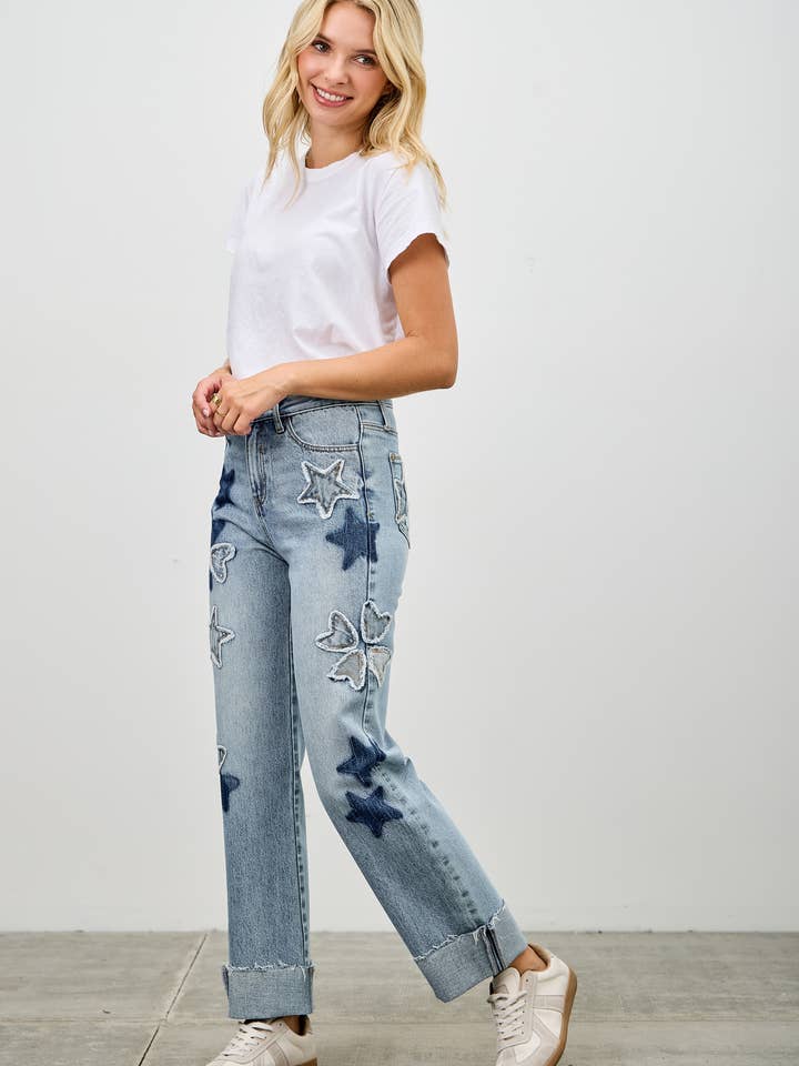 P8110L-HIGH RISE STAR & HEART PATCHED DAD JEAN W/STRETCH for wholesale by SAIGE DENIM