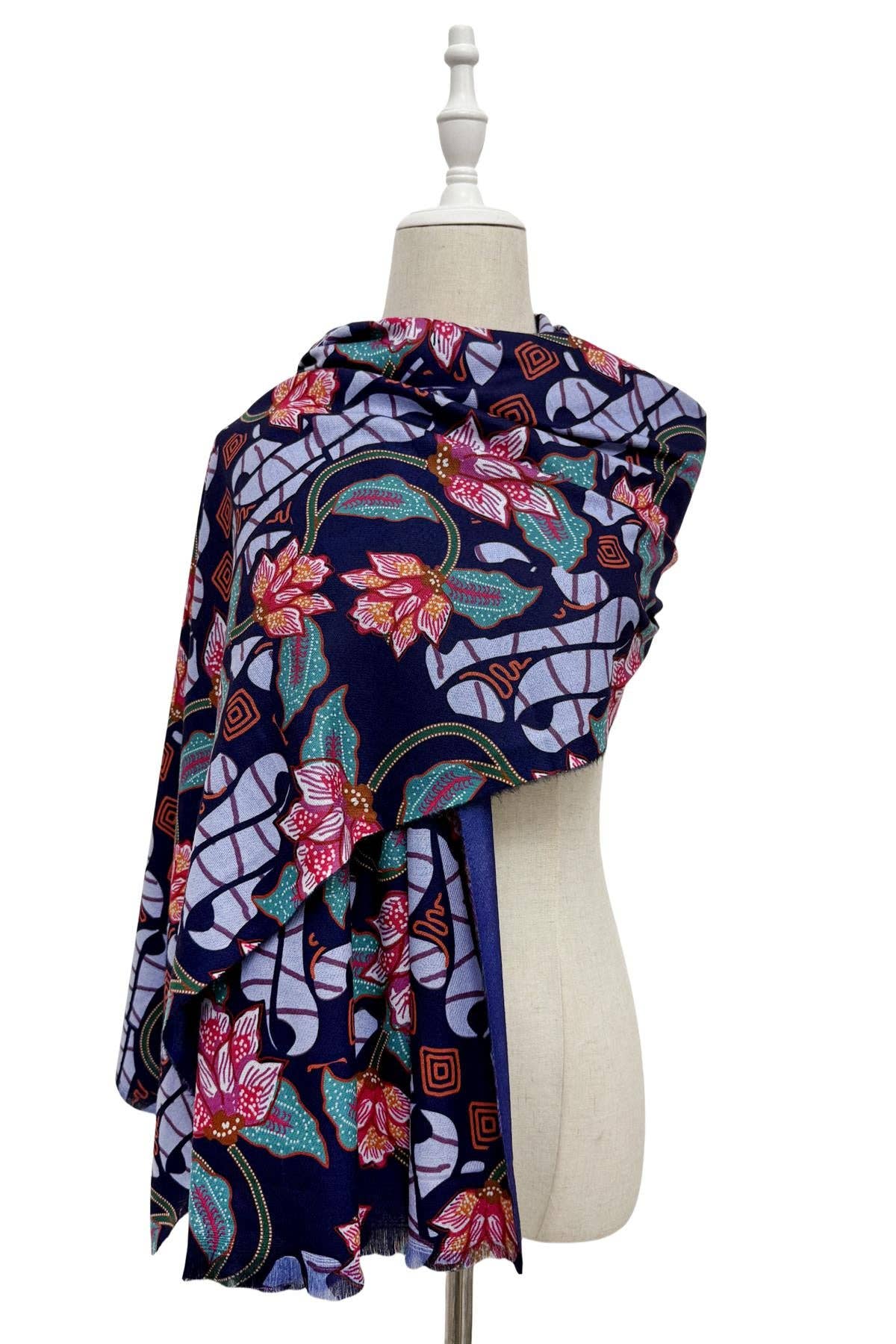 Navy Blue Ethnic Floral Print Wool Frayed Scarf for wholesale on Faire2