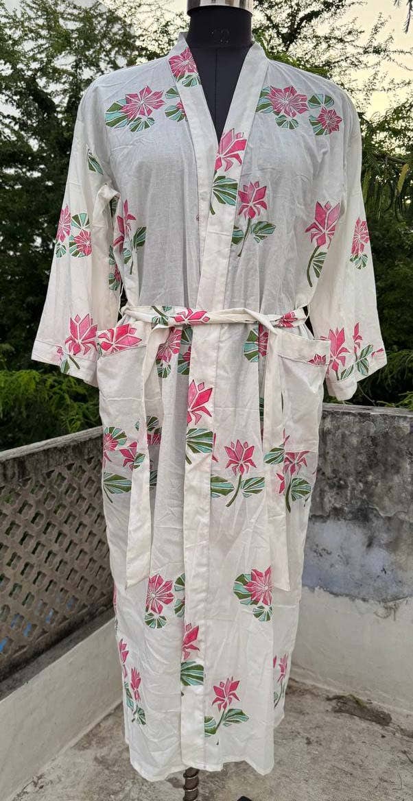 bhavnas boutique – wholesale Robe – Women's – White Color Block Print Kimono Robe Cotton Vintage Robes  1
