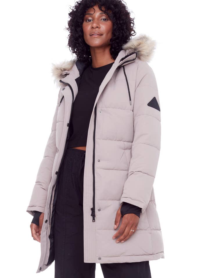 AULAVIK | WOMEN'S VEGAN DOWN (RECYCLED) MID-LENGTH HOODED PARKA COAT, LIGHT TAUPE for wholesale by Alpine North US