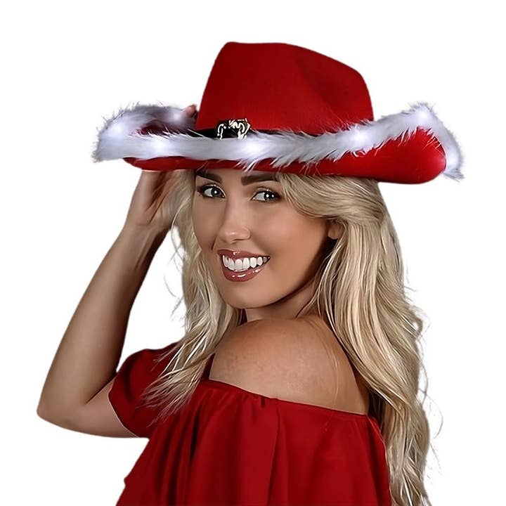 Blinkee.com, LLC - Wholesale Cowboy Hat - Unisex - LED Flashing Christmas Cowboy Red Santa Clause Western Holid