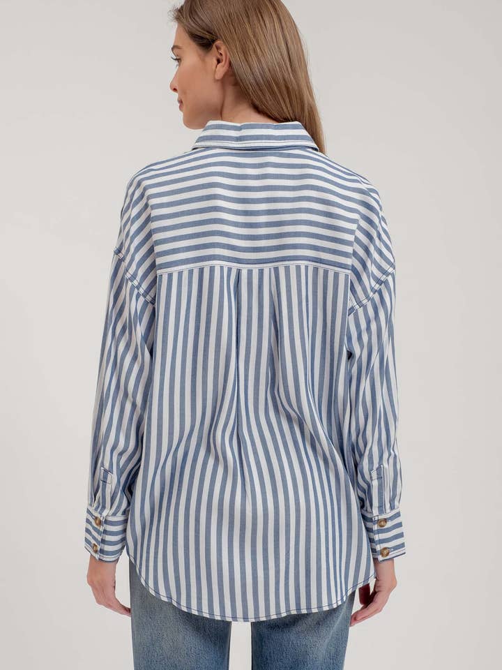Blu Pepper - Wholesale Blouse - Women's - STRIPE COLLARED BUTTON DOWN LONG SLEEVE SHIRT
