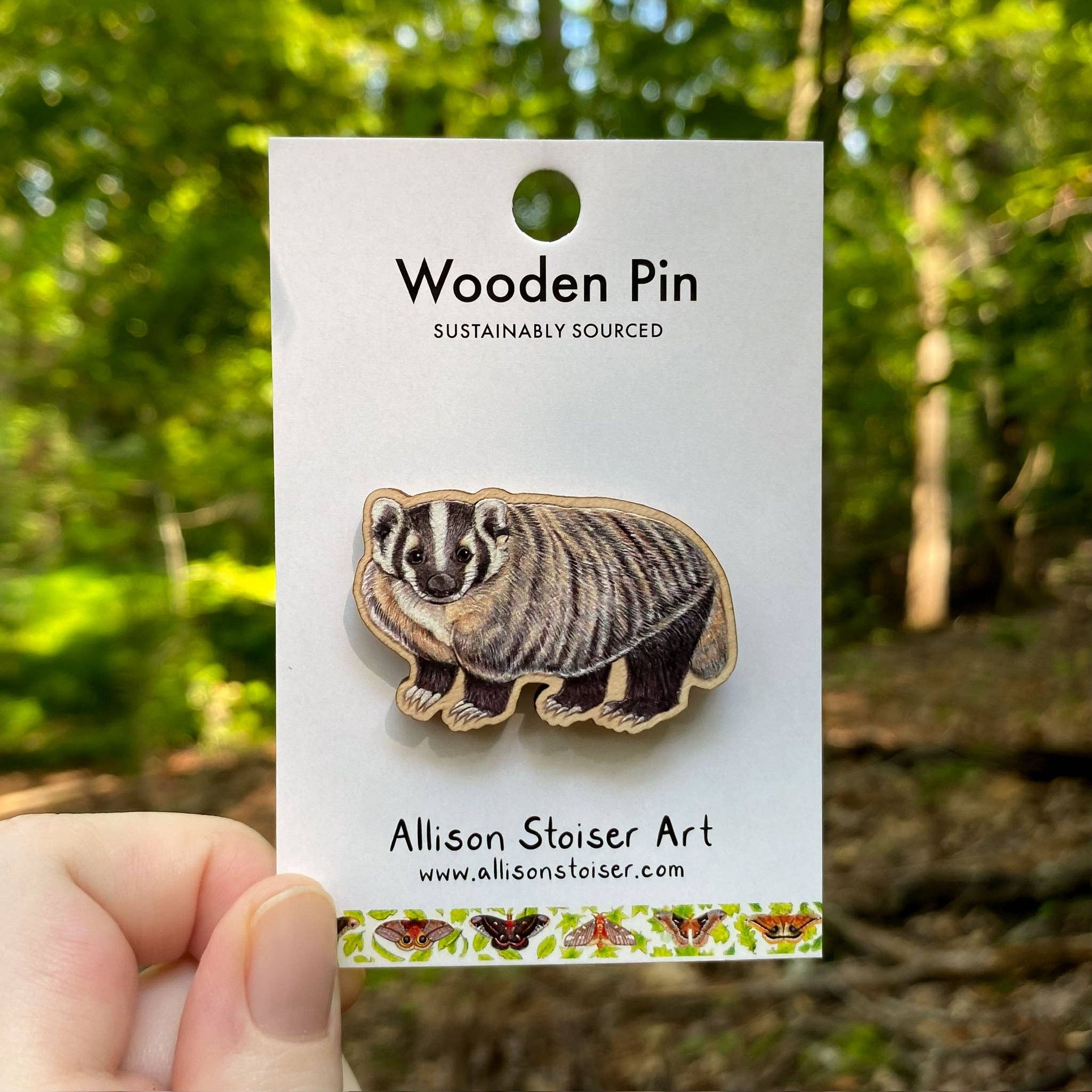 Allison Stoiser Art - Wholesale Lapel Pin/Button - American Badger Wooden Pin (Sustainably Sourced)