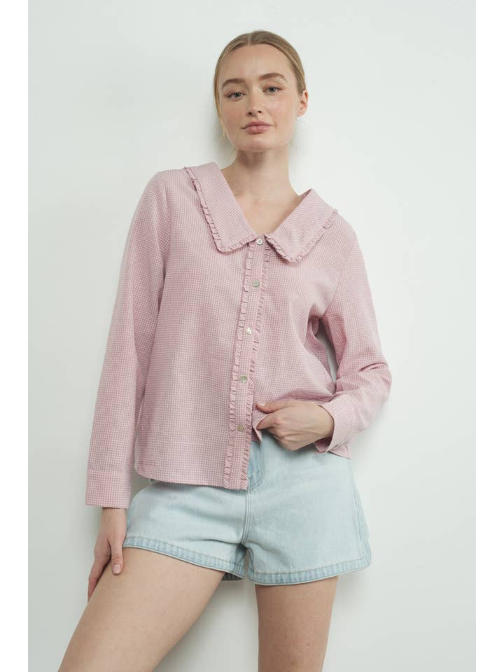 Aaron & Amber - Wholesale Blouse - Women's - MAT3099 CHECKED RUFFLE EDGE COLLAR BUTTONDOWN BLOUSE