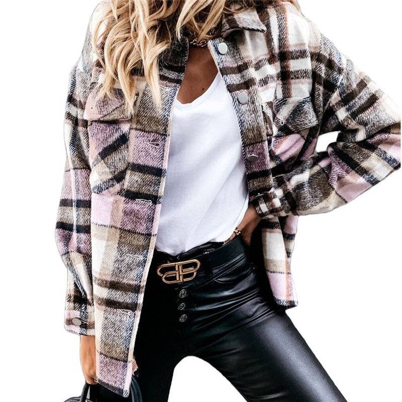 ShieldChic - Wholesale Button Down Shirt - Women's - Woolen Long Sleeve Plaid Shirt1