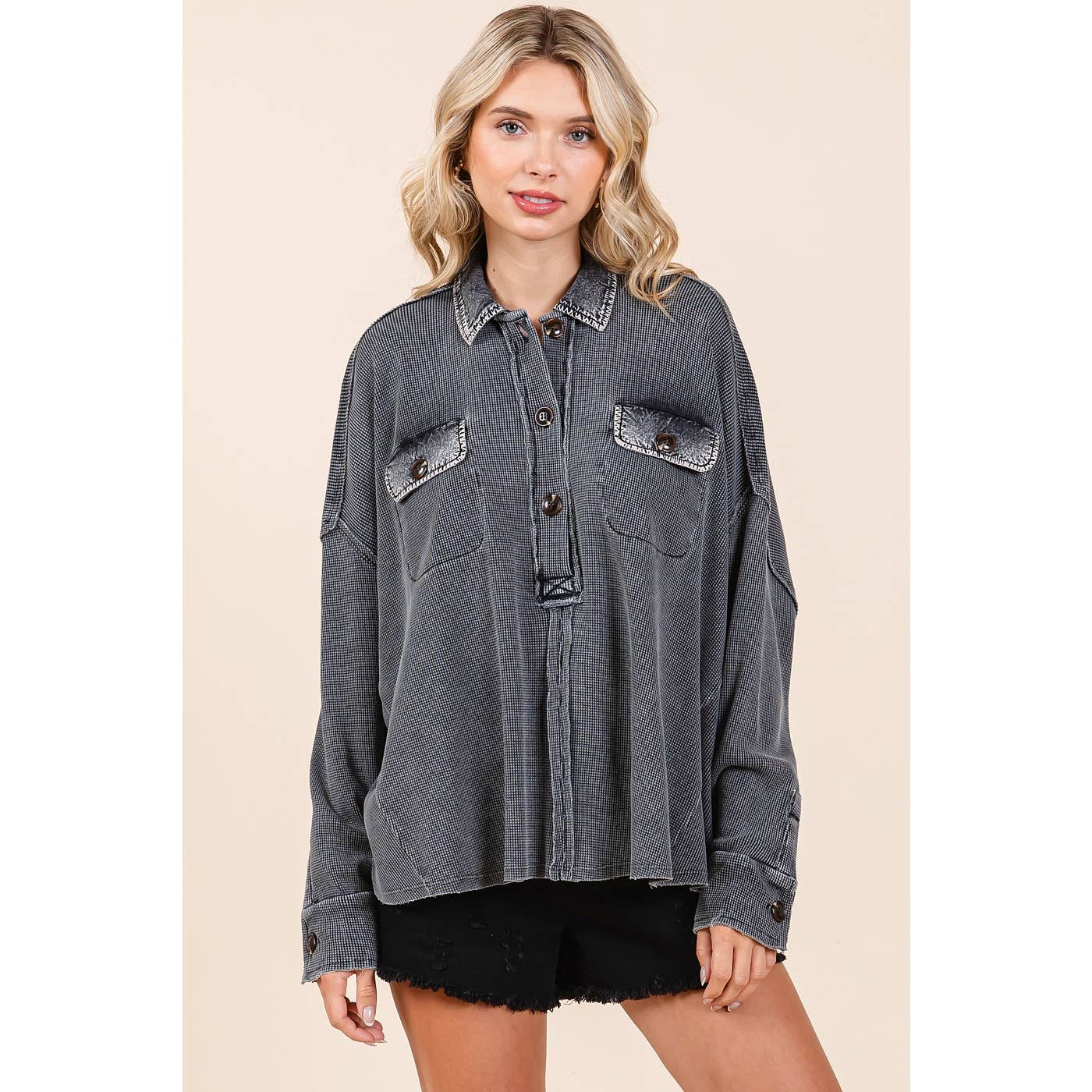 mittoshop - Vente Chemise à col boutonné – femme - HAUT HENLEY À COL GAUFRÉ DÉLAVÉ MINÉRAL0