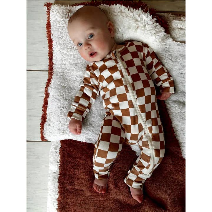 Stracciatella Checkerboard / Organic 2-Way Zip Romper and other Purchase Wholesale petit bebe. Free Returns & Net 60 Terms on Faire trending on Faire.