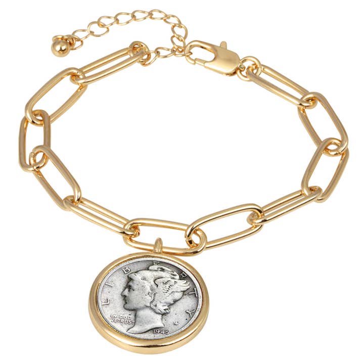 Mercury Dime Coin Goldtone Elongated Link Bracelet for wholesale by American Coin Treasures