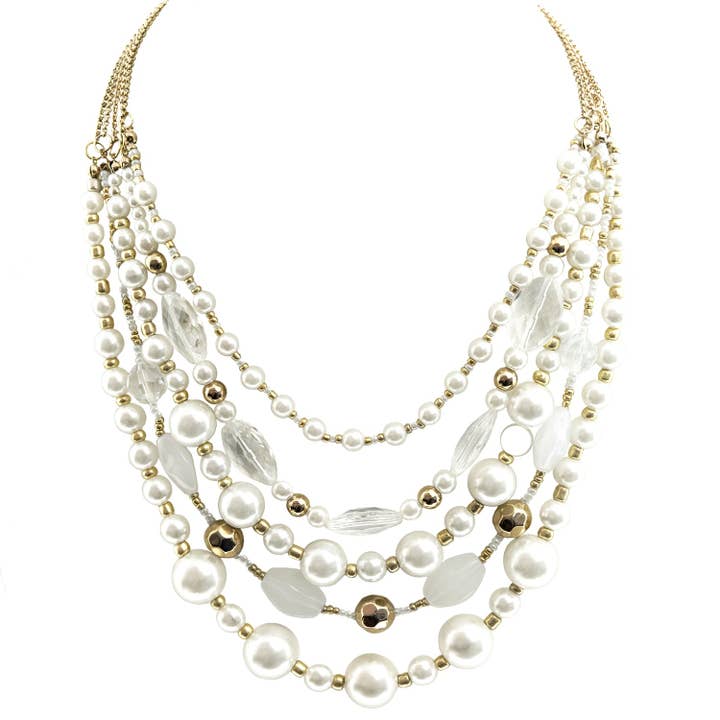 Elegant 5-Strand Pearl Bead Statement Necklace with Crystal Accents and Gold Tone Details for wholesale by LookLove Jewelry