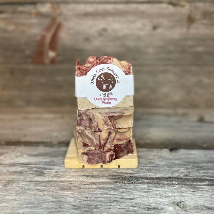 Black Raspberry Vanilla Goat Milk Soap for wholesale by White Goat Skincare LLC