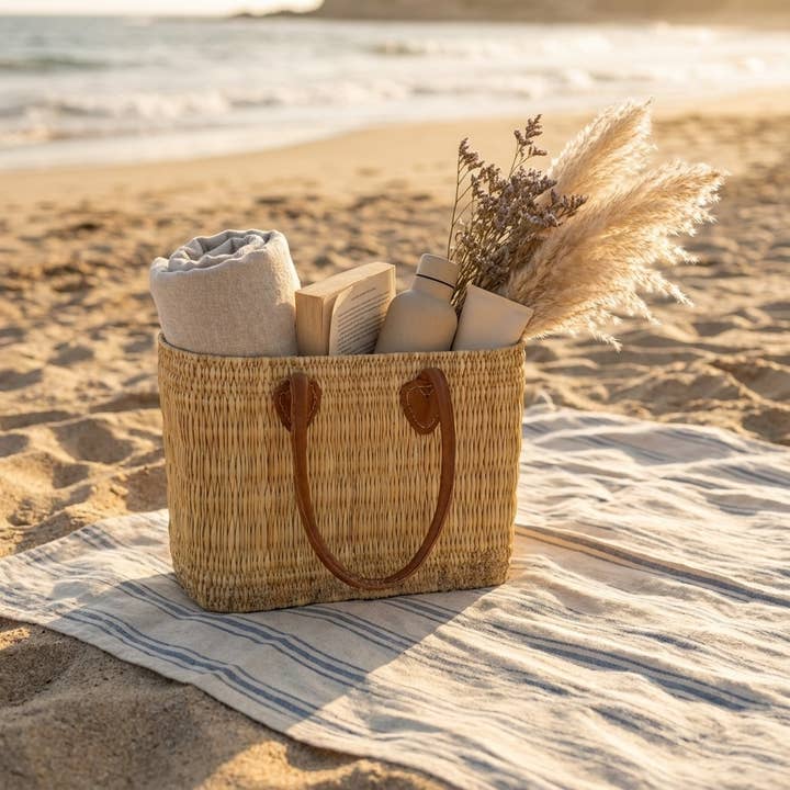 Melecraft - Wholesale Basket - Reed Market Basket Leather Handles - Natural Woven Tote Bag9