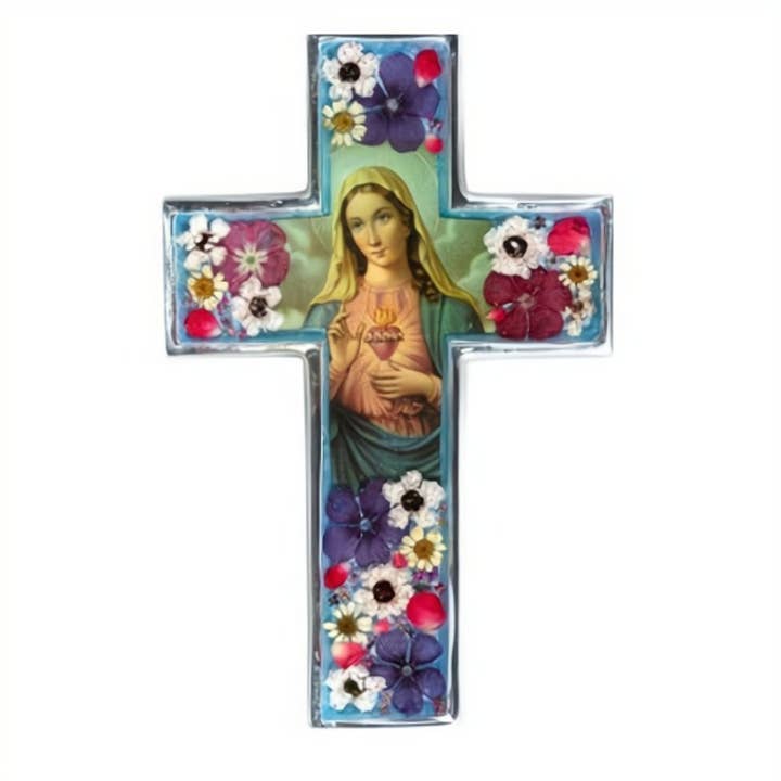 Immaculate Heart Pressed Flowers Wall Cross 6.5" for wholesale by Guadalupe Gifts