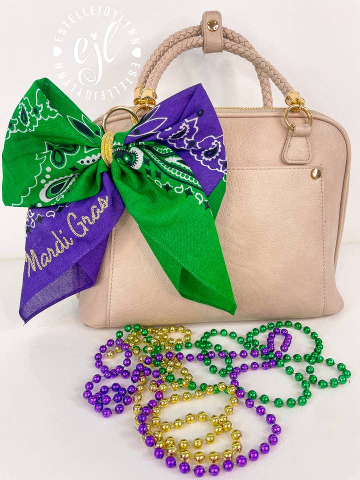 Mardi Gras Bandana Bow© custom embroidered for your purse for wholesale by EstelleJoyLynn, LLC