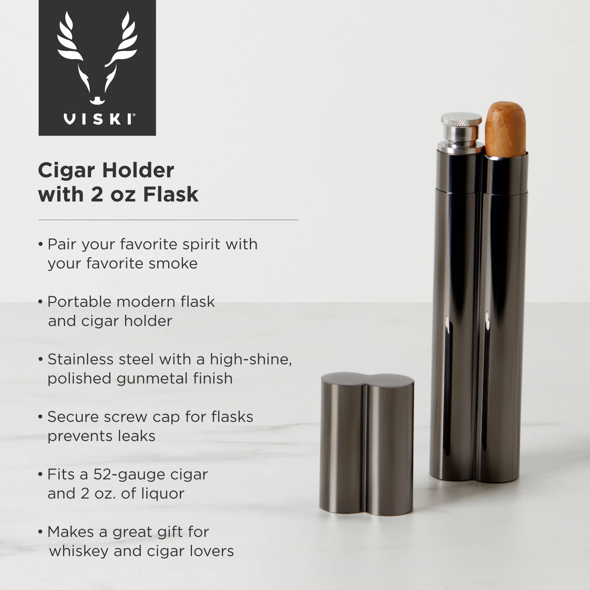 Viski - Wholesale Humidor/Cigar Accessory - Warren™ Black Gunmetal Plated Cigar Holder and Flask Combo5