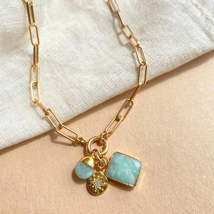 Decadorn - Wholesale Pendant/charm necklace - Amazonite Gem Slice Triple Chunky Chain Necklace | Confidence (Gold Plated)2