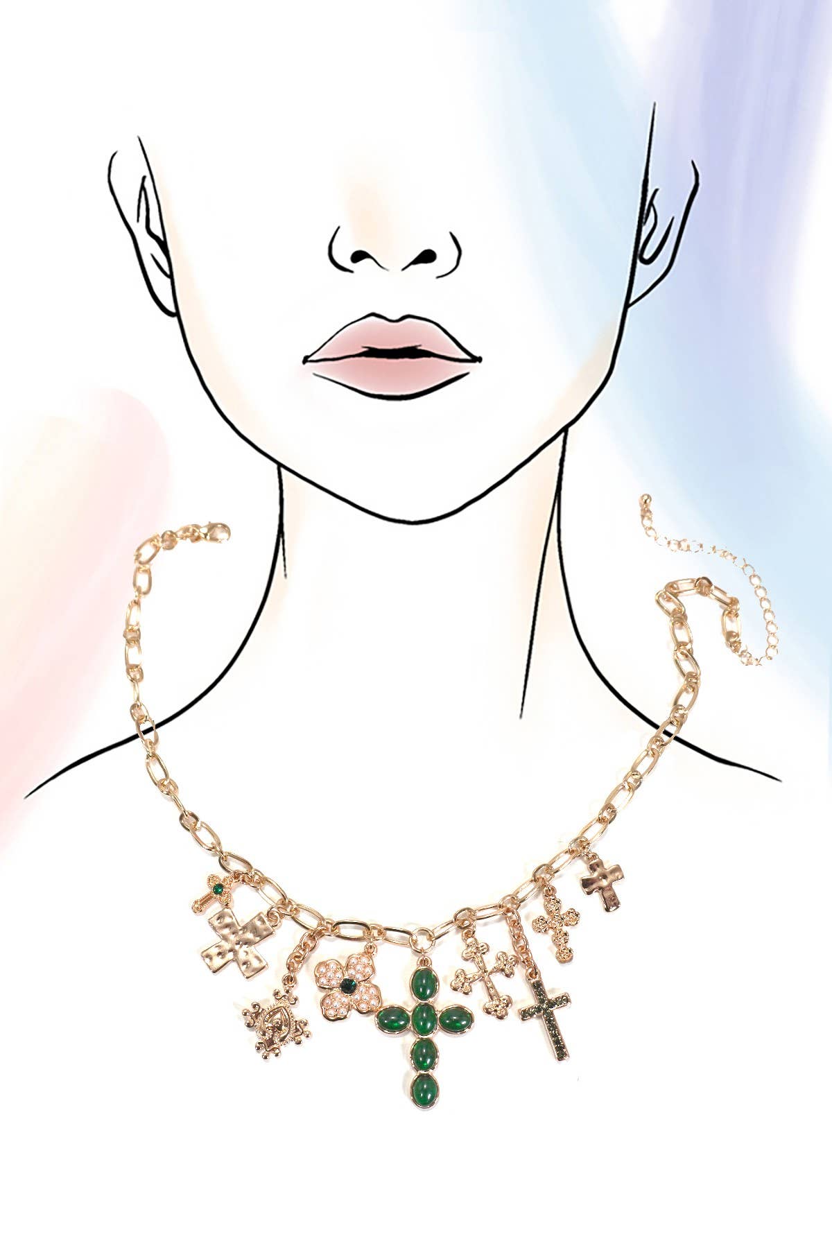 GOLD CHARM NECKLACE-MULTI CROSS CHARMS NECKLACE | 80N1290 for wholesale on Faire3