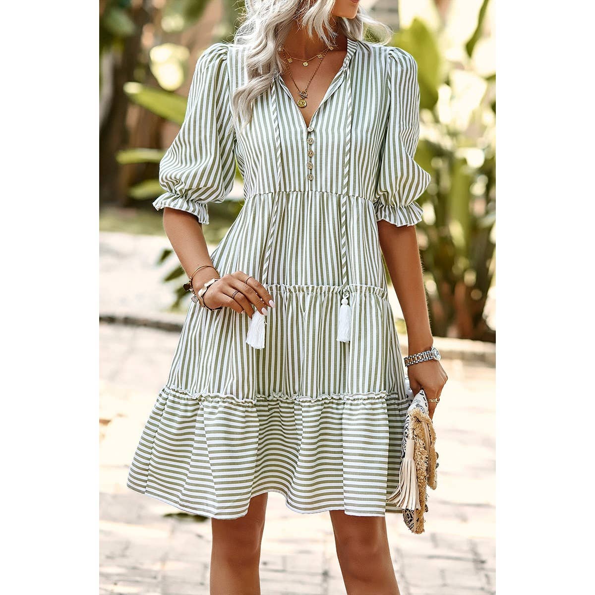 GREEN Stripe V Neck Button Puff Sleeves High Waist Dress for wholesale on Faire1