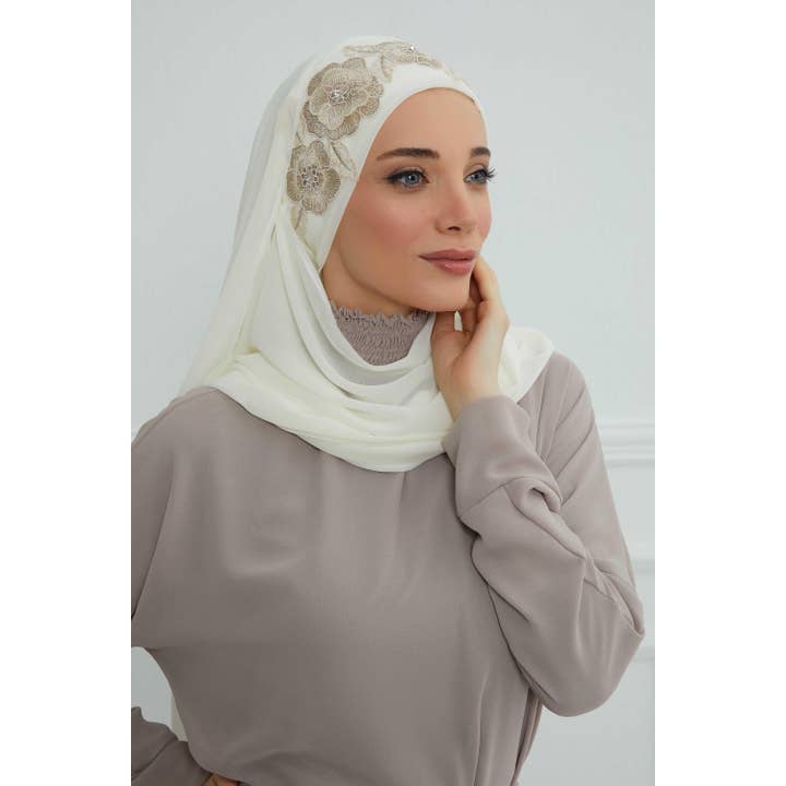 Aisha's Design - Wholesale Hijab – Women’s - Luxury Instant Chiffon Hijab with Floral Lace, Ready-to-Wear Chiffon Hijab with Embroidered Flowers,CPS-10120