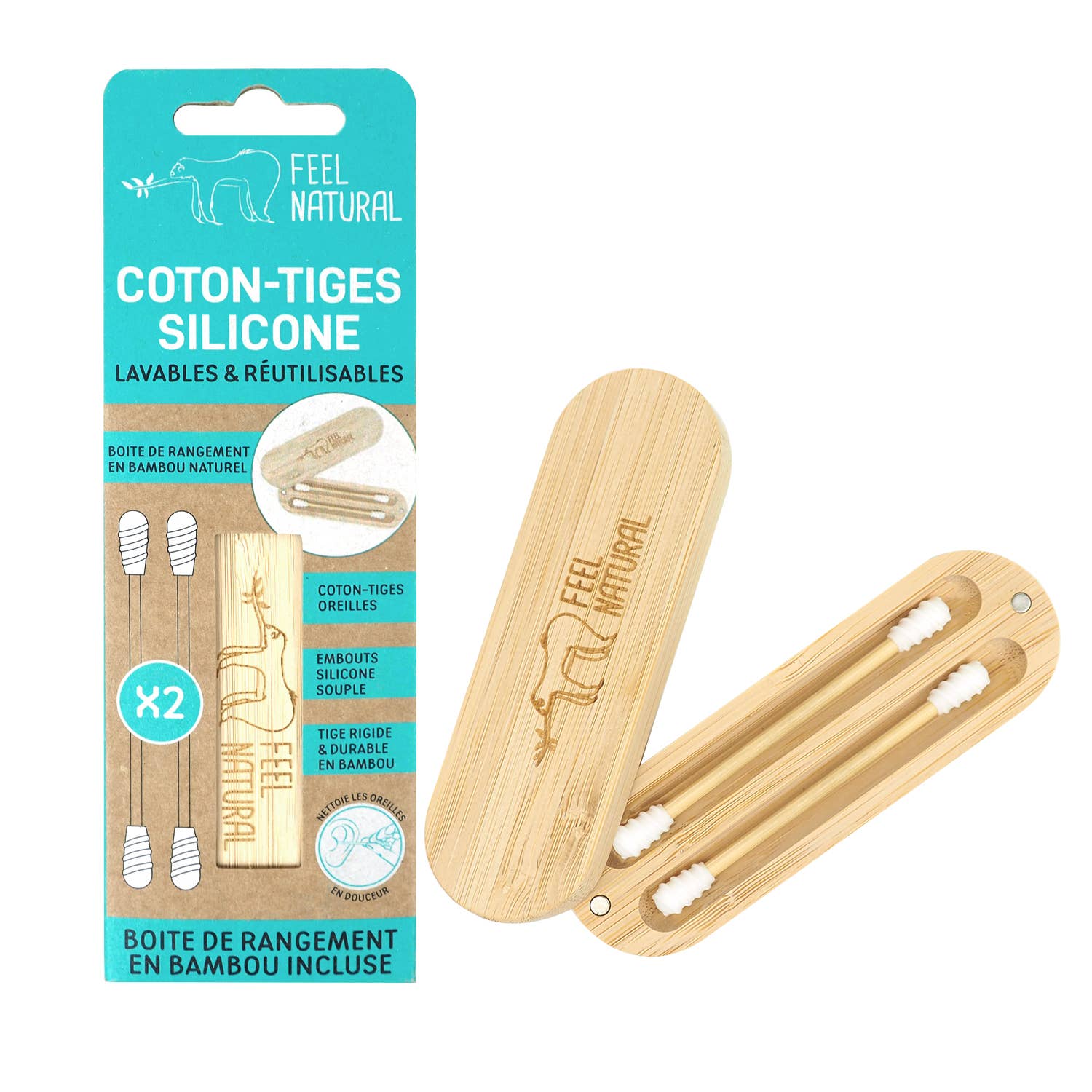 FRENCH TENDANCE - Wholesale Cotton Swab/Q-Tip - Bamboo box + 2 cotton buds Silicone - Feel Natural1