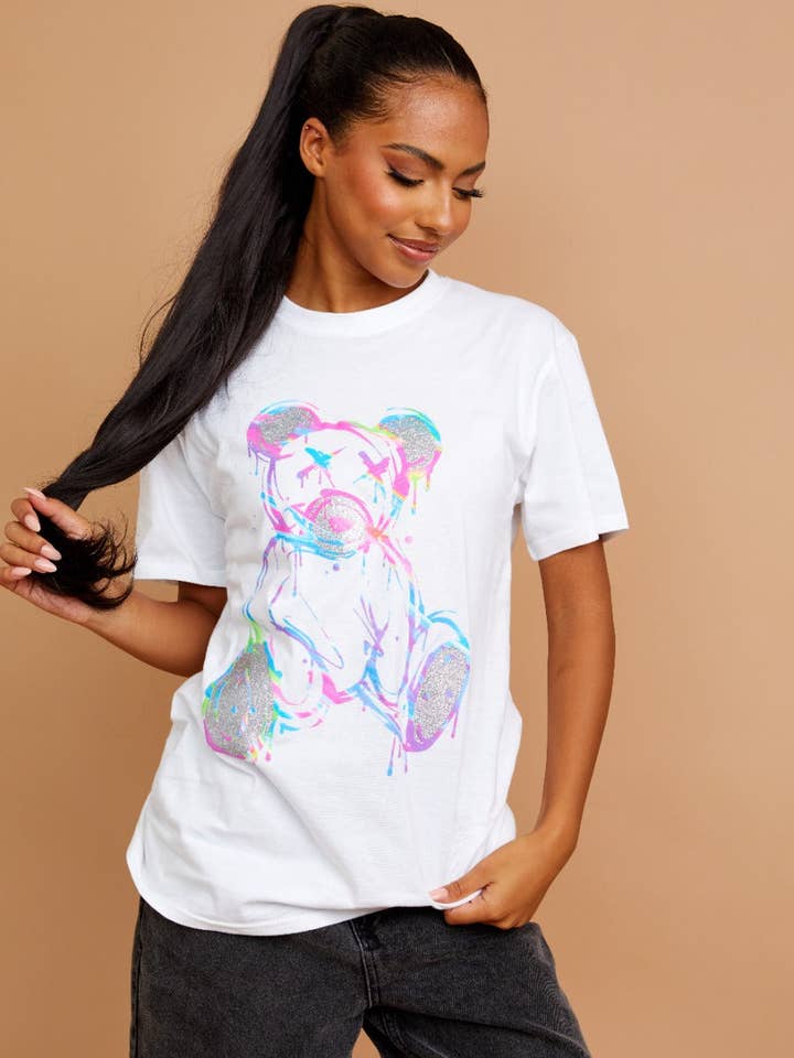 Colour Drip Teddy Graphic Printed T-Shirt for wholesale by Stylewise Direct