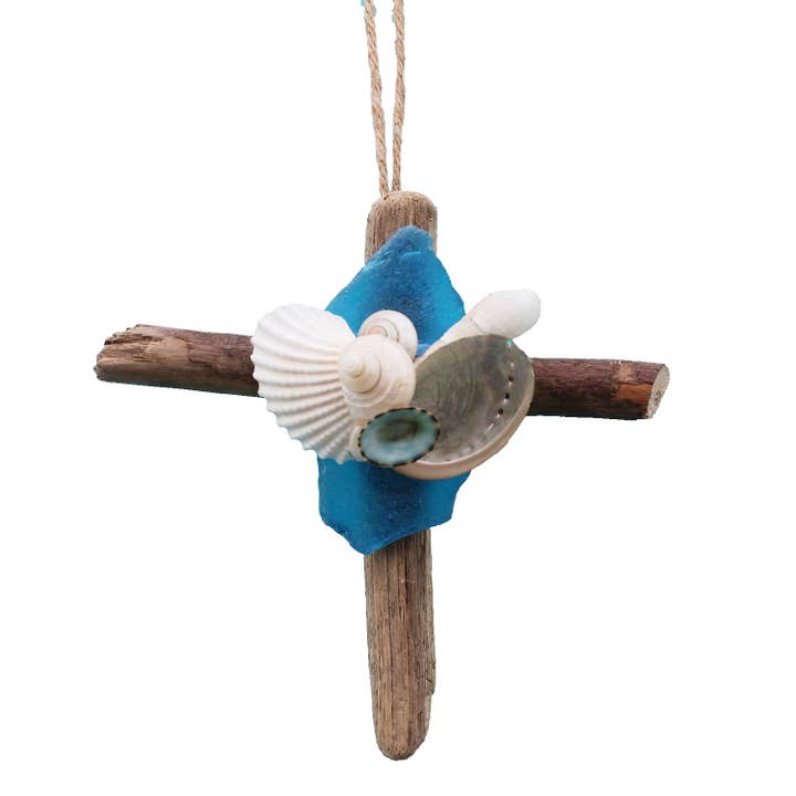 California Seashell Company - Wholesale Ornament - Driftwood Cross Ornament with Sea Glass