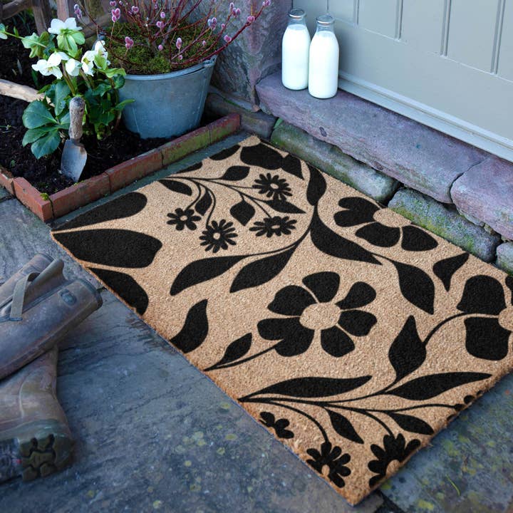 Black Floral Pattern Coir Doormat (90 x 60cm) for wholesale by Artsy Mats