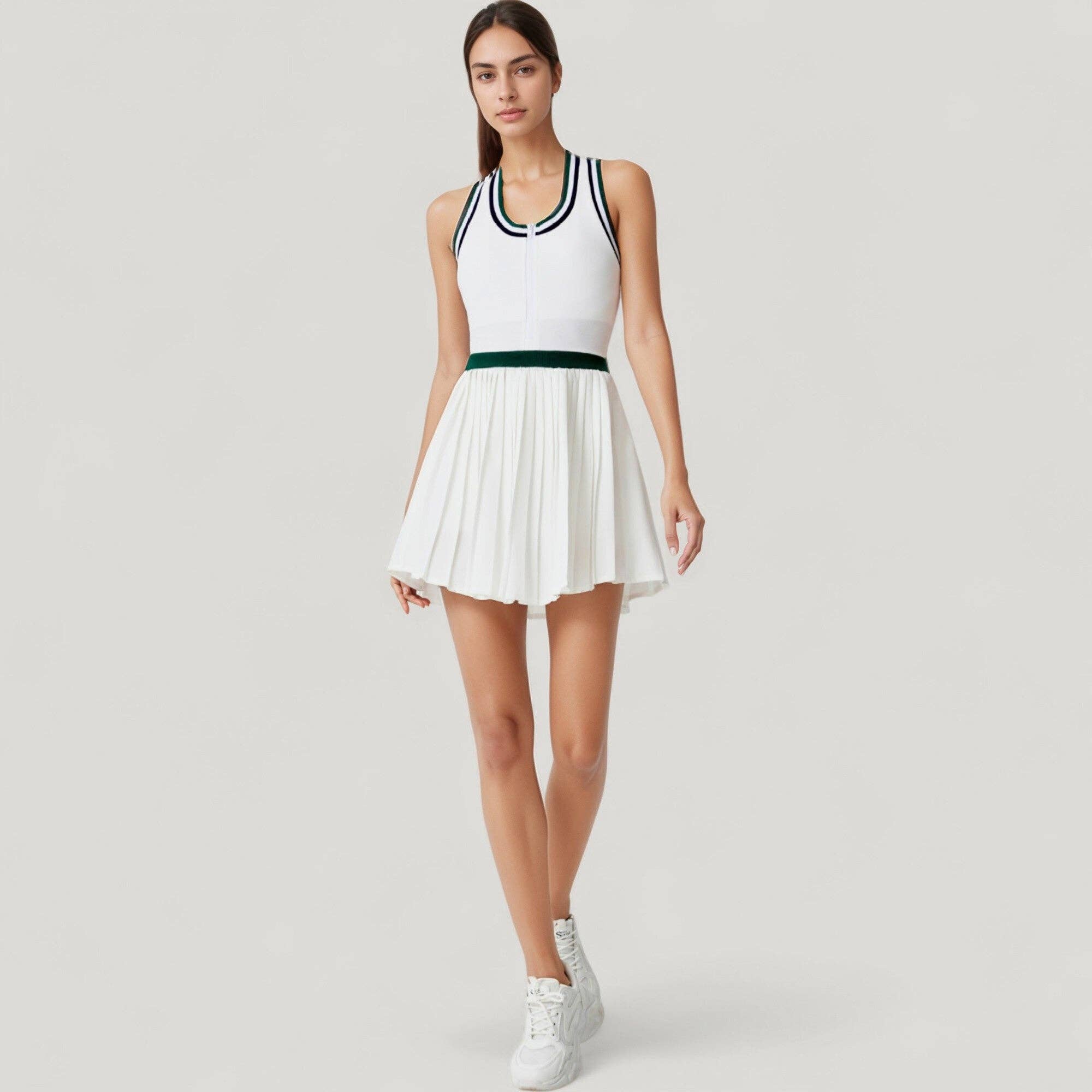 Green Sleeveless Tennis Dress with Zip Front Contrast Trim Necklin for wholesale on Faire5