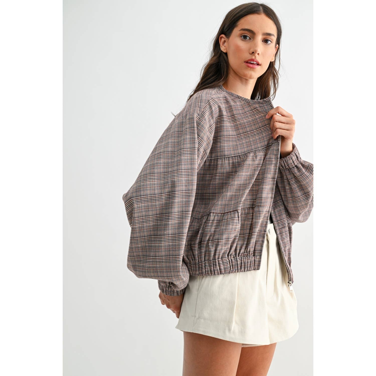 BROWN PLAID BALLON SLEEVE ZIP-UP JACKET  for wholesale on Faire8