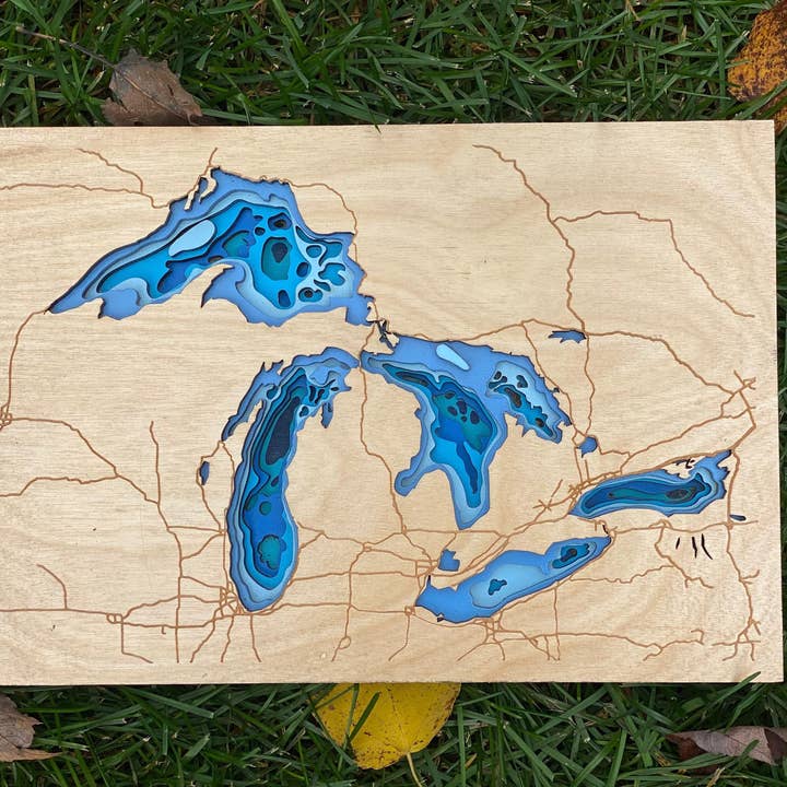 Knock On Wood - Wholesale Decorative Tabletop Object - Great Lakes Lake Depth Map