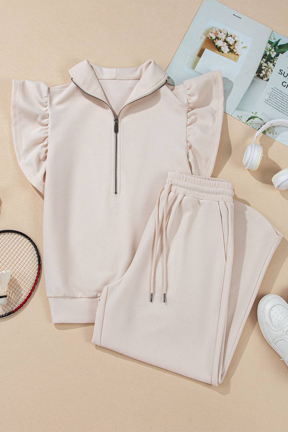 PRETTY BASH – Engroshandel Loungesæt - Dame – Sæt med tekstureret flæse halv lynlås top og bukser2