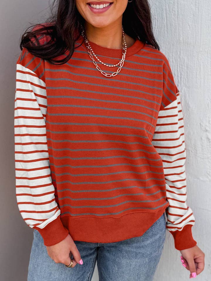 Orange Stripe Contrast Sleeve Patchwork Drop Shoulder Long Sleeve Sweatshirt for wholesale on Faire0