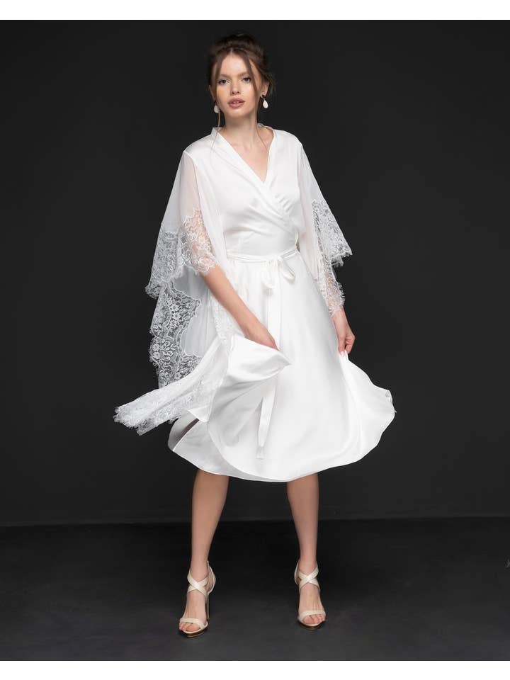 KÂFEMME and Co - Wholesale Dress - Women's - Angel Midi Wrap Sheer Sleeve Dress White