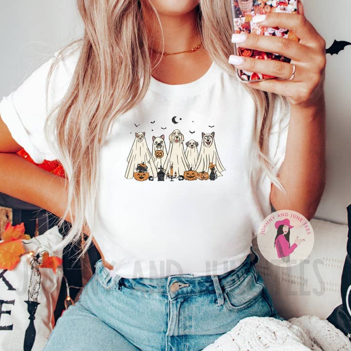 Johnny and June Tees - Vente Sweat-shirt à imprimés – femme - Pull d'Halloween Ghost Dog, costume d'Halloween pour chien, amusant3