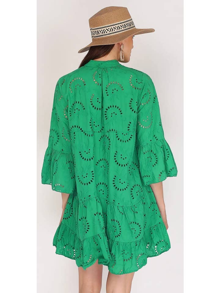 LOOWIE - Wholesale Dress - Women's - 980 One Size English Embroidered Short Dress Billowy Sleeves2