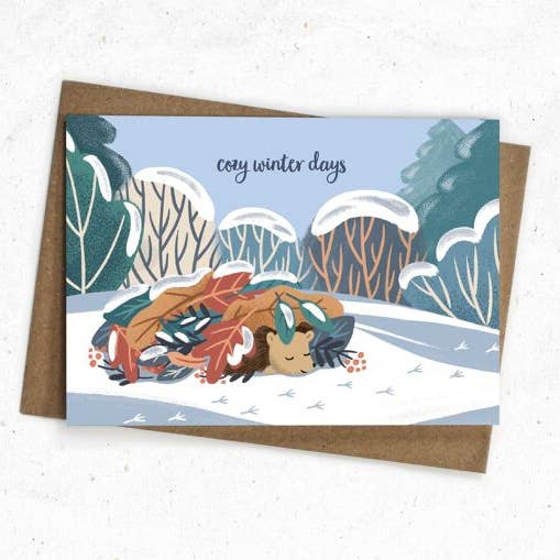 Carte de vœux d'hiver avec hérissons, animaux de la forêt pour la vente par VIERUNDFÜNFZIG