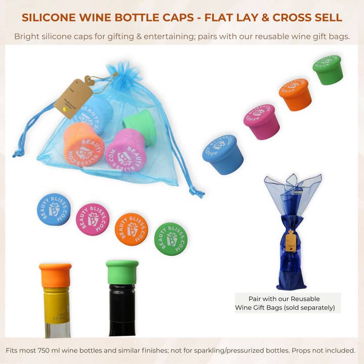 Beauty Blisss - Wholesale Wine Stopper - Silicone Wine Bottle Caps — Airtight, Reusable — 4-pc & 6-pc7
