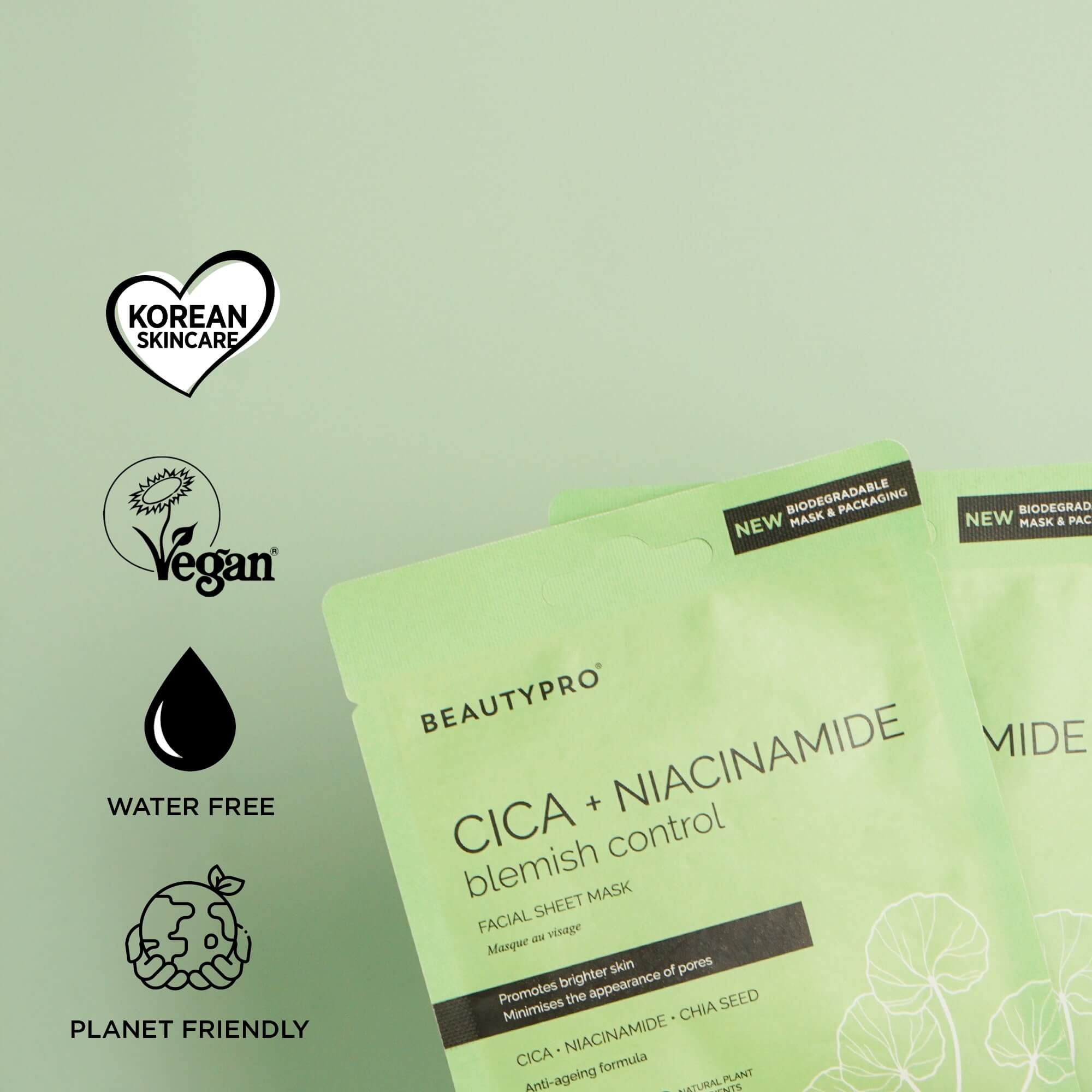 BEAUTYPRO – wholesale Skincare face mask – CICA + NIACINAMIDE Facial Sheet Mask - 100% Biodegradable4