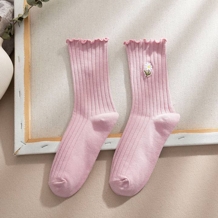 ACCITY - Wholesale Socks - Women's - Flower Embroidery Crew Ruffle Socks Women_CWMS029311