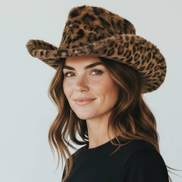 Leopard Print Faux Fur Fedora Cowboy Hat for wholesale by Rope & Spurs