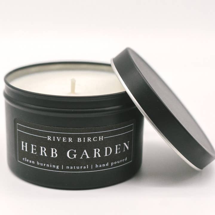 Jardin d'herbes aromatiques - Bougie de soja en étain noir pour la vente par River Birch Candles