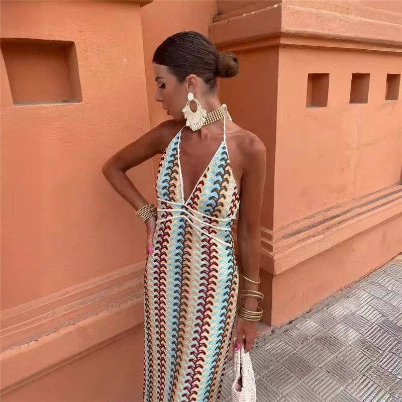 MULTICOLOR Boho Floral Crochet Halter Maxi Dress for wholesale on Faire1