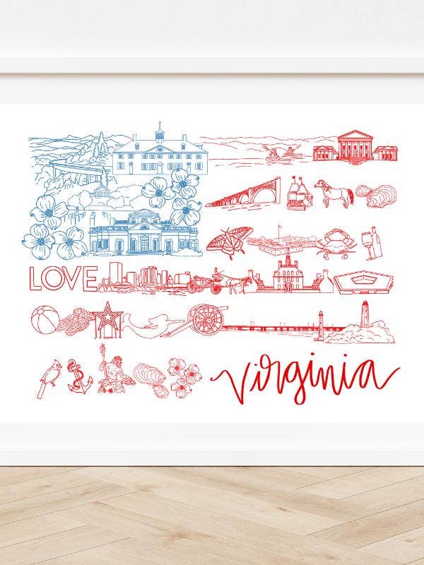 Virginia Art Print, 8x10 State Landmarks Illustration – Patriotic Red, white, & Blue Home Decor – Virginia Gift or Souvenir, July decor for wholesale by Thirteenwinks
