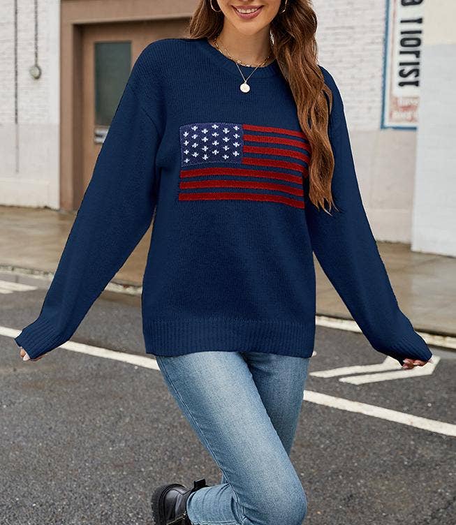Rosa Clothing - Wholesale Knit Sweater - Women's - USA American Flag Jacquard Slim Knitted Pullover Sweater5