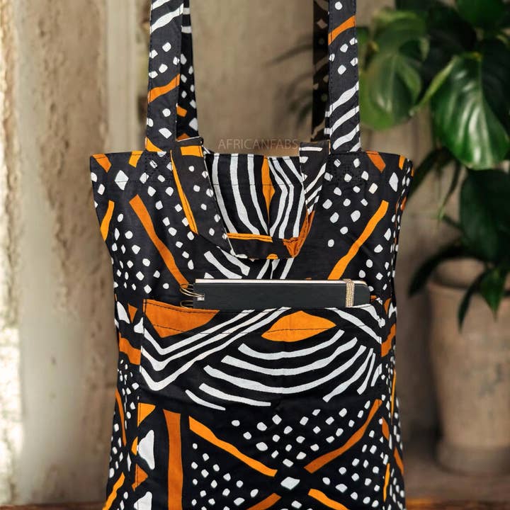 AfricanFabs - Wholesale Tote Bag - Unisex - Shopper bag with African print - Black Orange Bogolan - Reusable Cotton Tote Bag