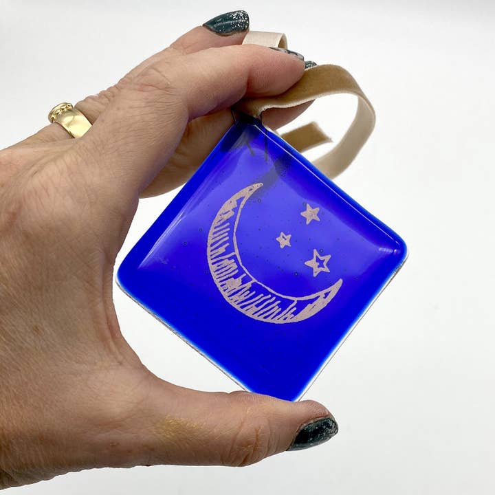 Half Moon 2.25" Fused Glass Ornament for wholesale by Kiku Handmade | Contemporary Fused Glass Home Goods