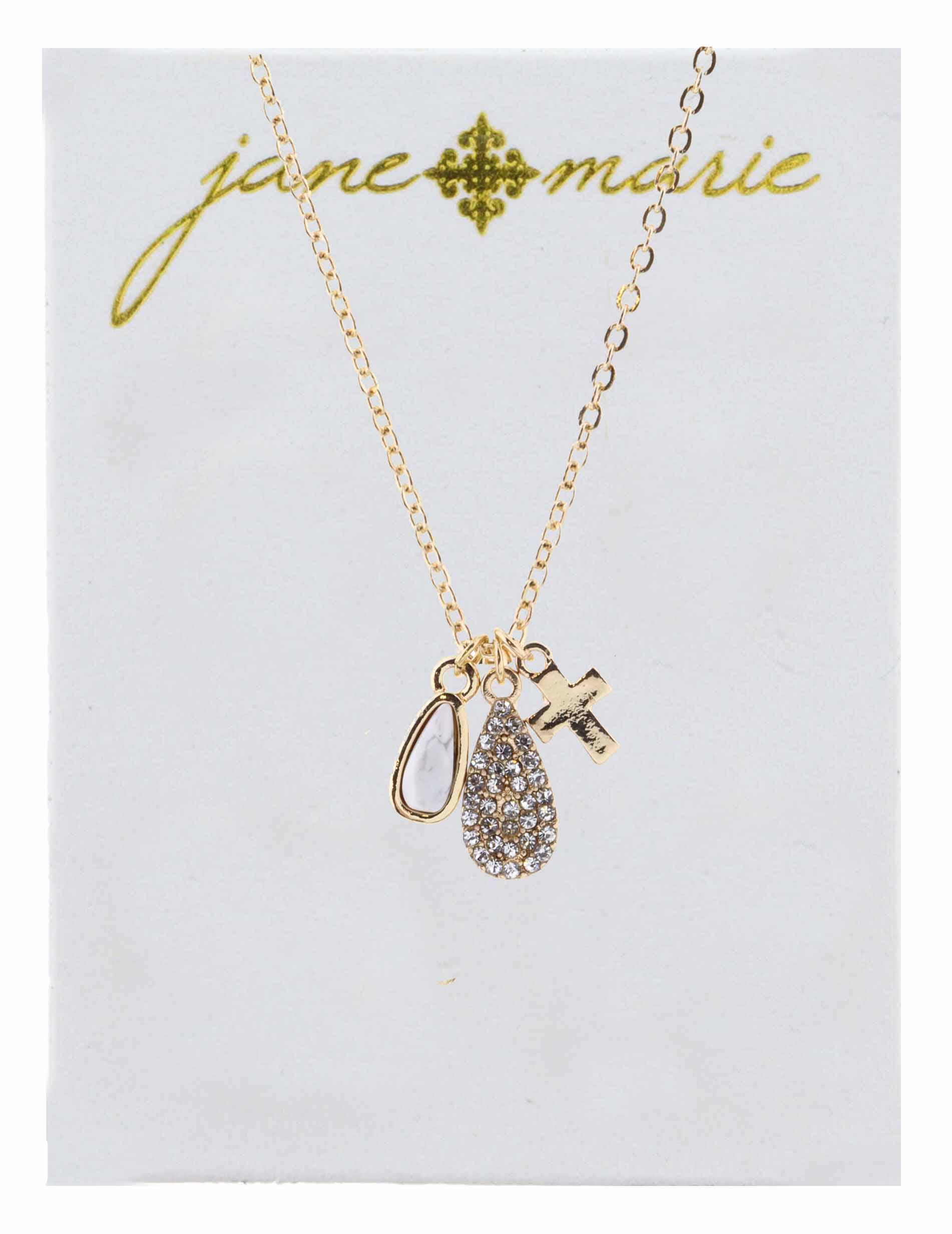 Jane Marie - Wholesale Pendant/Charm Necklace - 16" Howlite & Rhinestone Teardrops, and Cross Necklace