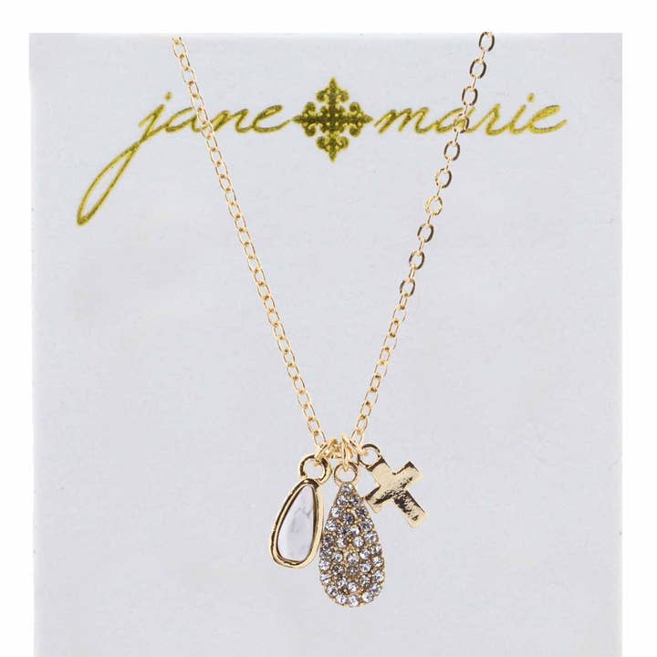 Jane Marie - Wholesale Pendant/Charm Necklace - 16" Howlite & Rhinestone Teardrops, and Cross Necklace0