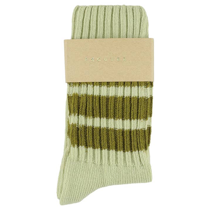 ESCUYER - Wholesale Socks - Women's - Women Stripes Crew Socks - Light Green / Ecru1